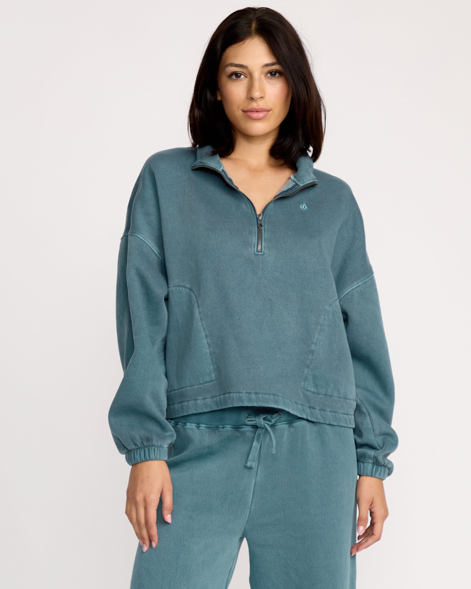 Stone Soft Quarter Zip Sweatshirt - Emerald Green - Women - Volcom